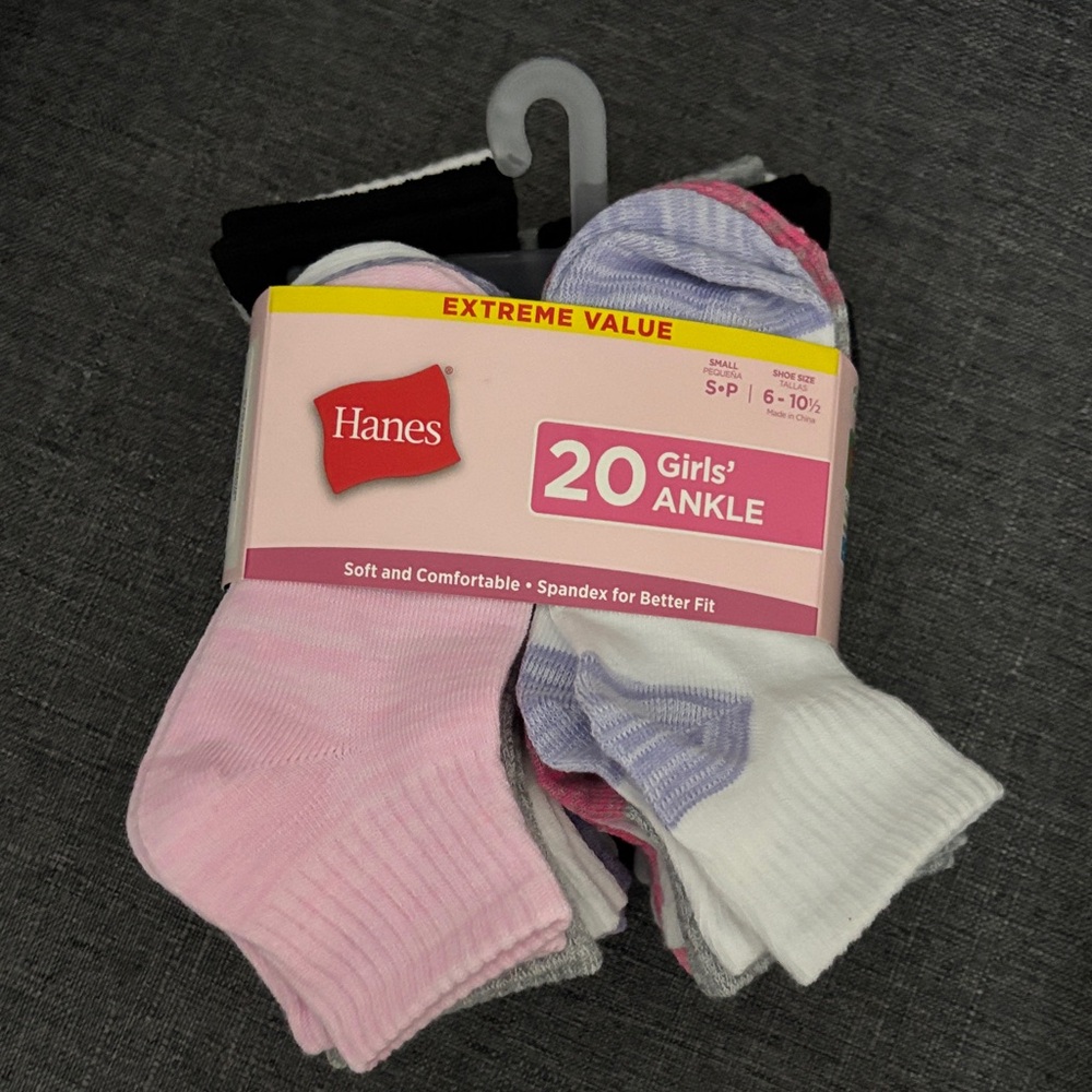 Hanes Girls' Ankle Socks - Pink, White, and Gray Pack